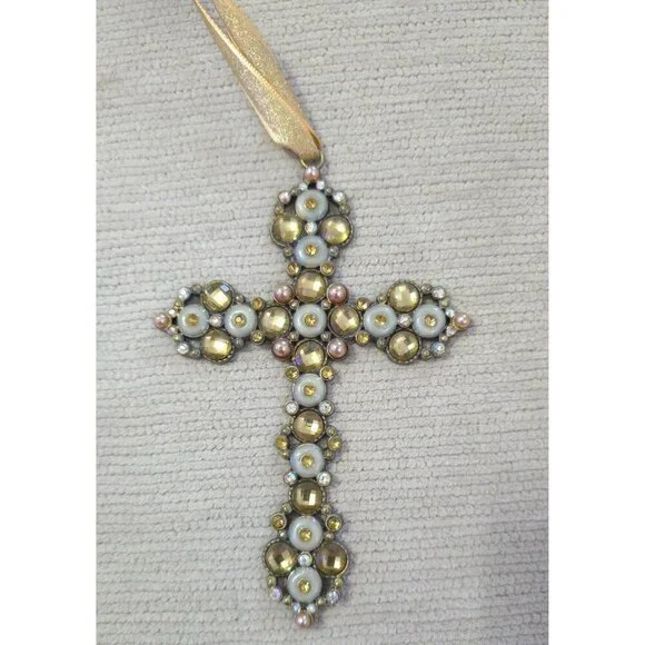 Beaded Cross Ornament With Gold & Pearl Accents On Ribbon Hanger For Wall 5"H - Picture 2 of 5